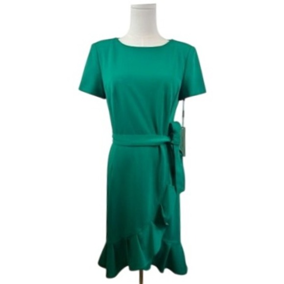 Calvin Klein Dresses & Skirts - Calvin Klein Sheath Dress Ruffle Tie Waist Career Cocktail Green New Size 6
